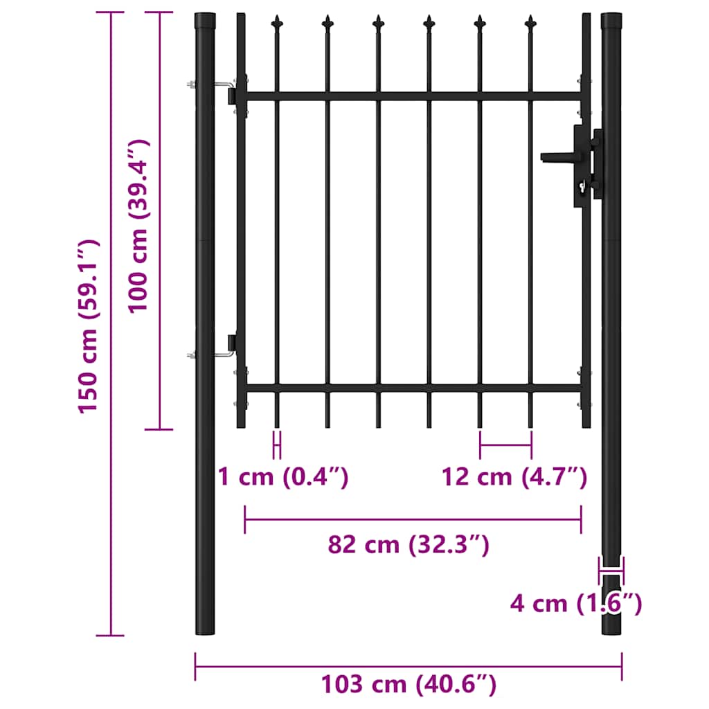 Fence Gate "BOXTEL" Single Door with Spike Top Steel 1x1 m Black