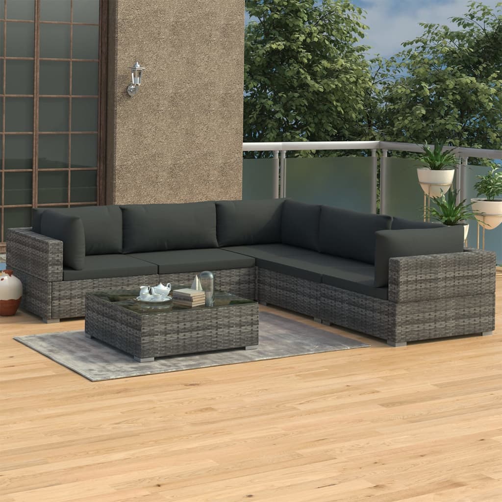 6 Piece Patio Lounge Set with Cushions Poly Rattan Gray