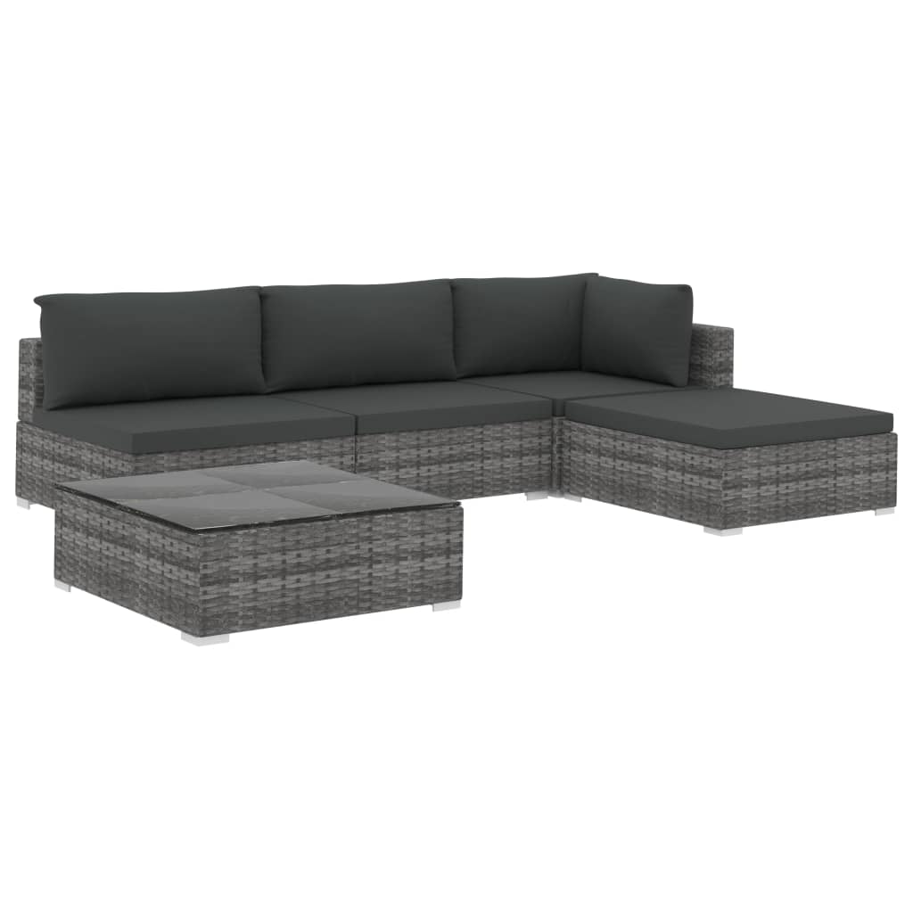 5 Piece Patio Lounge Set with Cushions Poly Rattan Gray