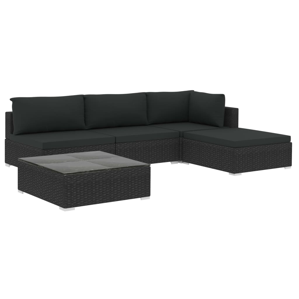 5 Piece Patio Lounge Set with Cushions Poly Rattan Black