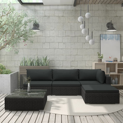 5 Piece Patio Lounge Set with Cushions Poly Rattan Black