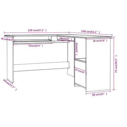L-Shaped Corner Desk White 120x140x75 cm Engineered Wood