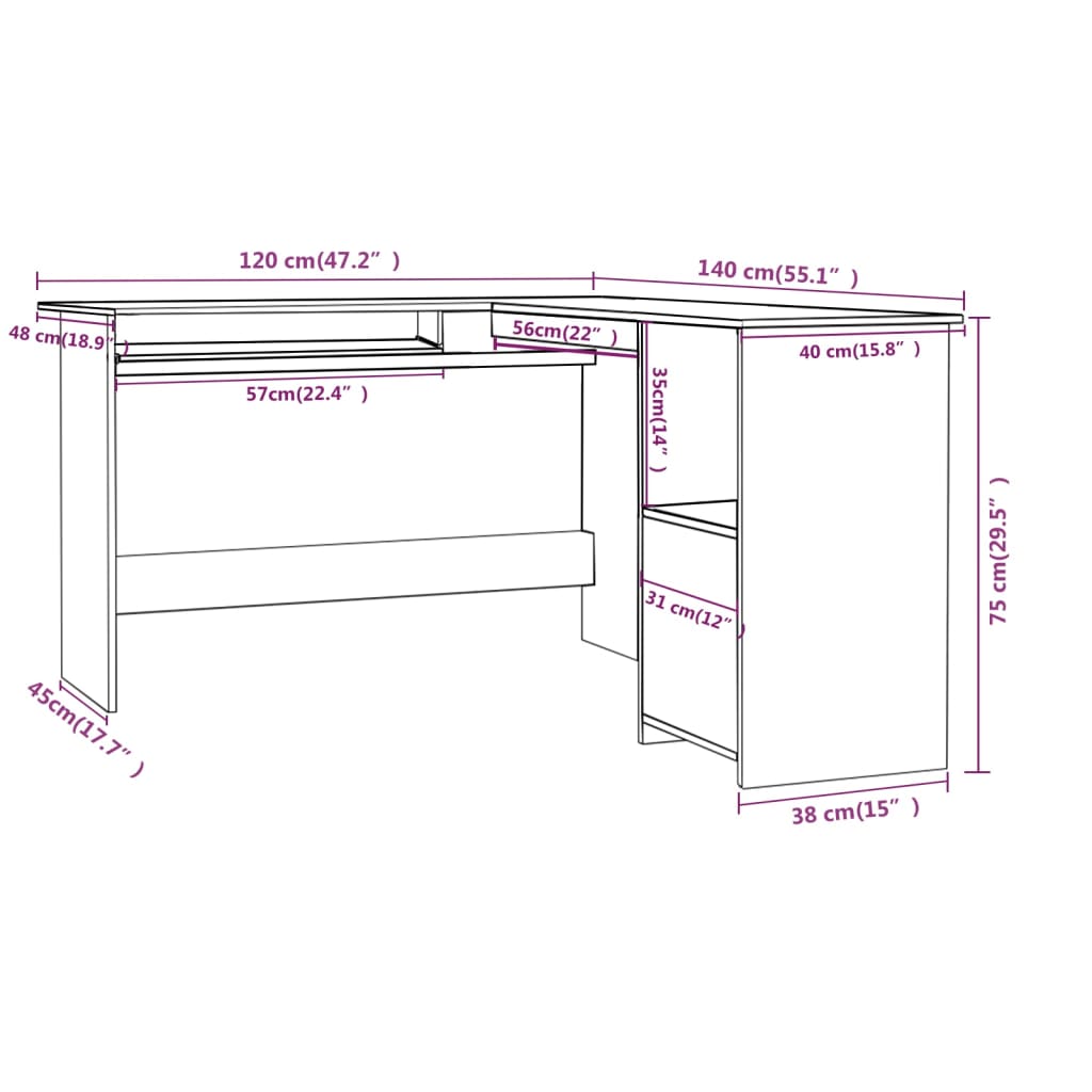 vidaXL Corner Desk High gloss black Engineered wood 47.2x55.1x29.5 in