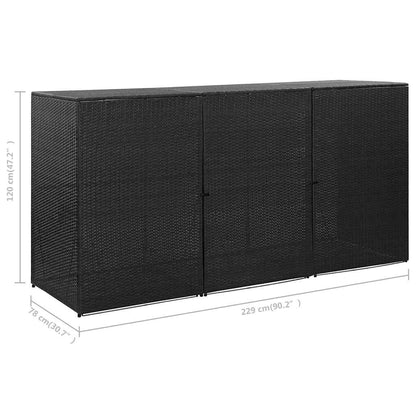 46734 vidaXL Triple Wheelie Bin Shed Black 229x78x120 cm Poly Rattan