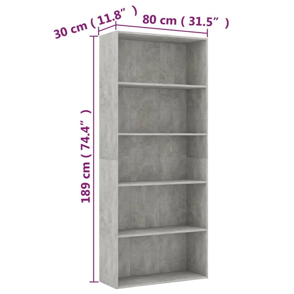 5-Tier Book Cabinet Concrete Grey 80x30x189 cm Engineered Wood