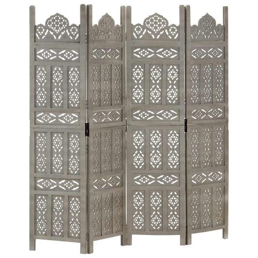Hand carved 4-Panel Room Divider Grey 160x165 cm Solid Mango Wood