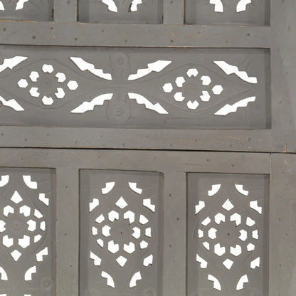 Hand carved 5-Panel Room Divider Grey 200x165 cm Solid Mango Wood