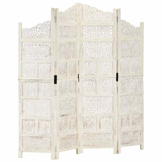 Hand carved 4-Panel Room Divider White 160x165 cm Solid Mango Wood