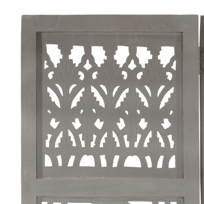 Hand Carved 3-Panel Room Divider Grey 120x165 cm Solid Mango Wood