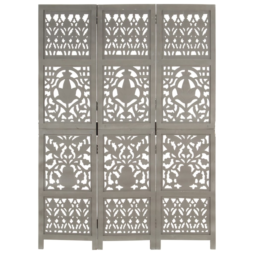 Hand Carved 3-Panel Room Divider Grey 120x165 cm Solid Mango Wood