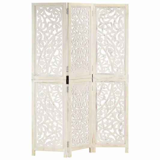Hand carved 3-Panel Room Divider White 120x165 cm Solid Mango Wood