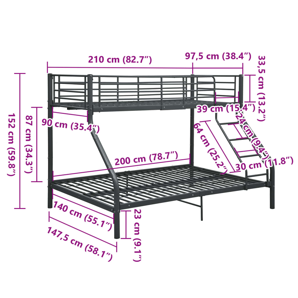 Bunk Bed | Black | Metal | 140x200 cm/90x200 cm | Bunk Bed | Rectangular