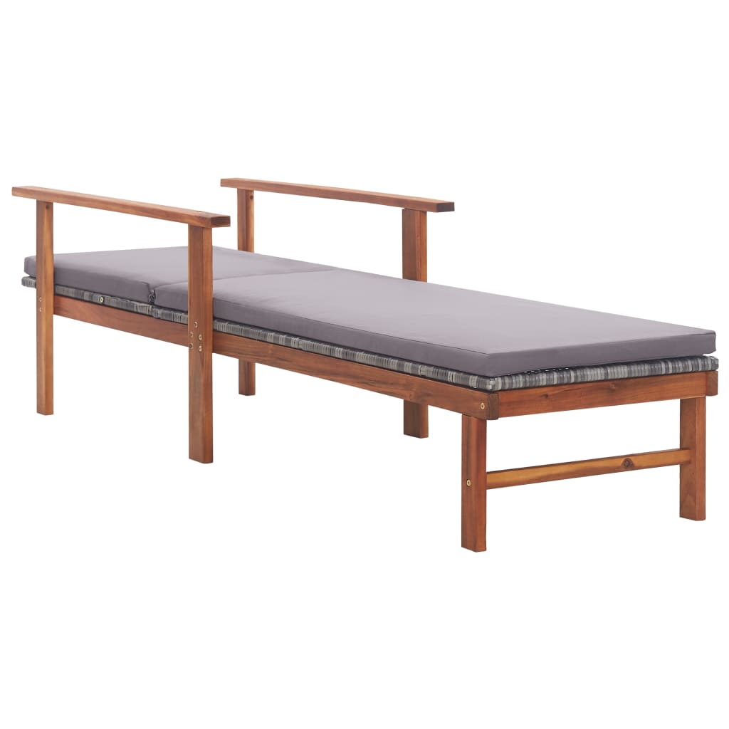 Sun Lounger with Cushion Poly Rattan and Solid Acacia Wood Gray