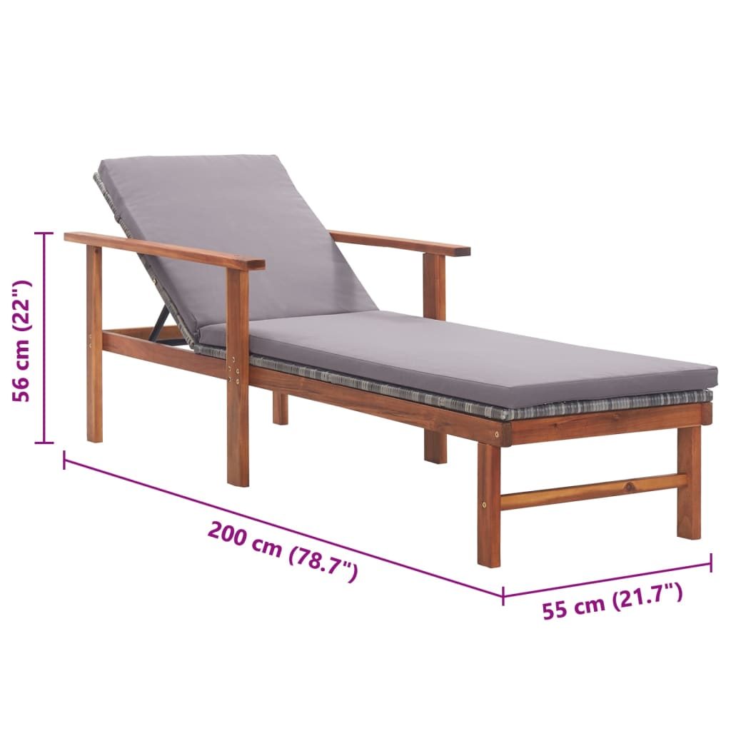 Sun Lounger with Cushion Poly Rattan and Solid Acacia Wood Gray