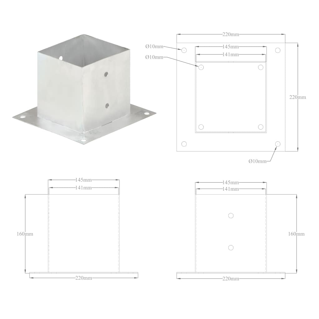 Post Anchors 4 pcs Galvanised Metal 141 mm
