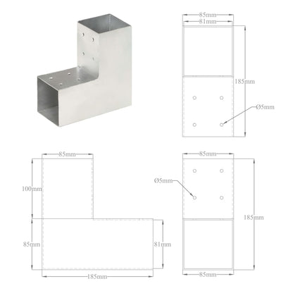 Post Connectors 4 pcs L Shape Galvanised Metal 81x81 mm