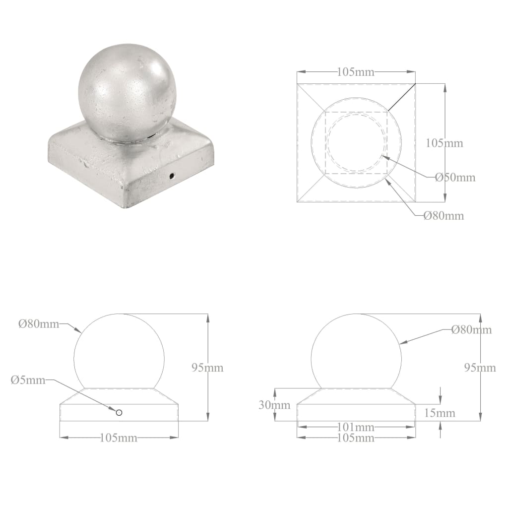 Post Caps 6 pcs Globe Final Galvanised Metal 101x101 mm