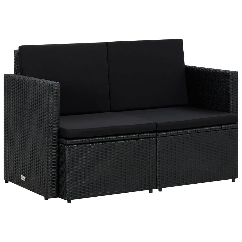 2 Seater Patio Sofa with Cushions Black Poly Rattan