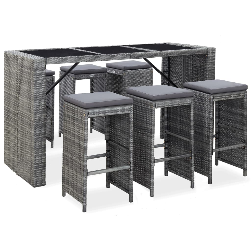 7 Piece Patio Bar Set with Cushions Poly Rattan Gray