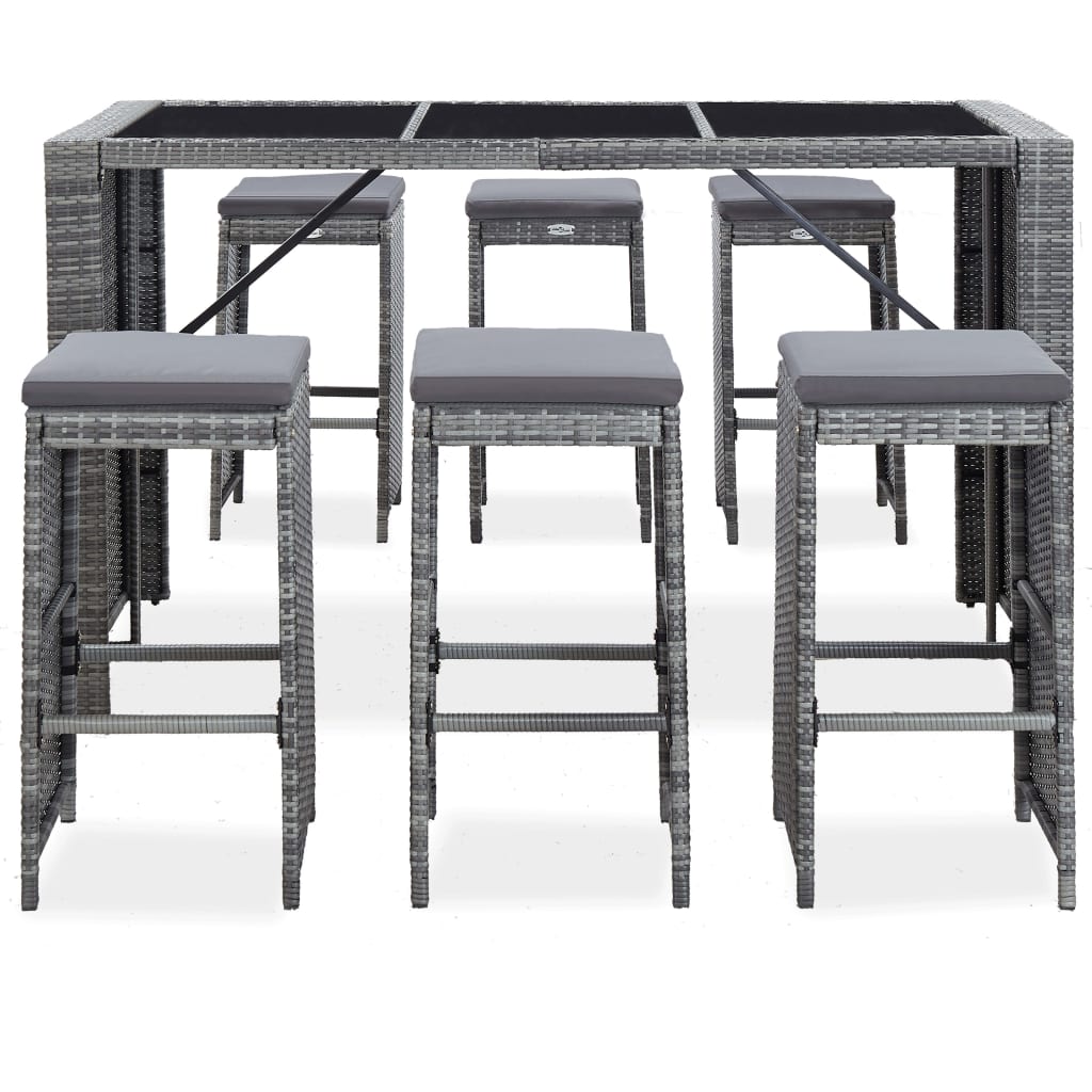 7 Piece Patio Bar Set with Cushions Poly Rattan Gray