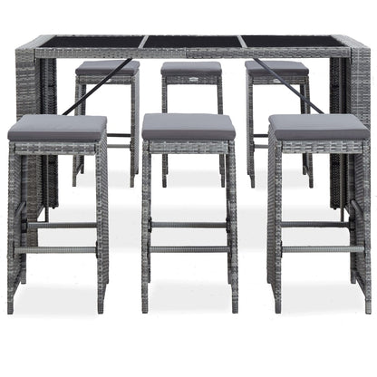 7 Piece Patio Bar Set with Cushions Poly Rattan Gray