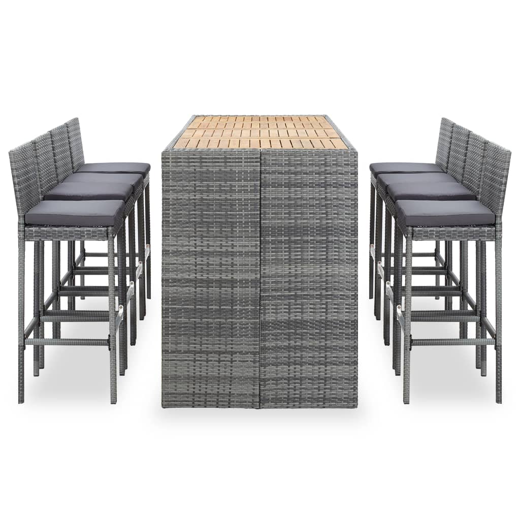 9 Piece Patio Bar Set Poly Rattan and Acacia Wood Gray