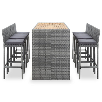 9 Piece Patio Bar Set Poly Rattan and Acacia Wood Gray
