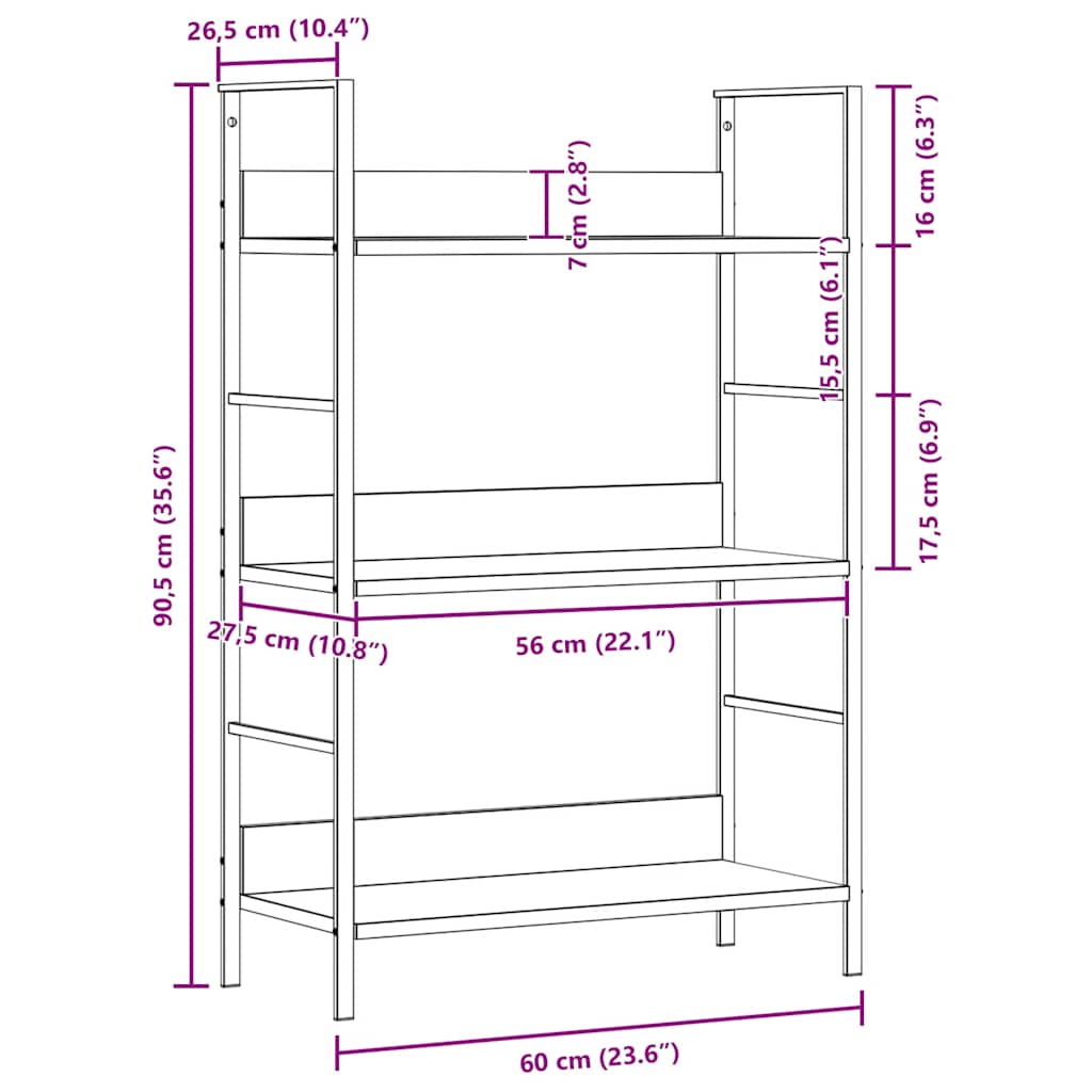 3-Layer Book Shelf Oak 60x27.6x90.5 cm Engineered Wood