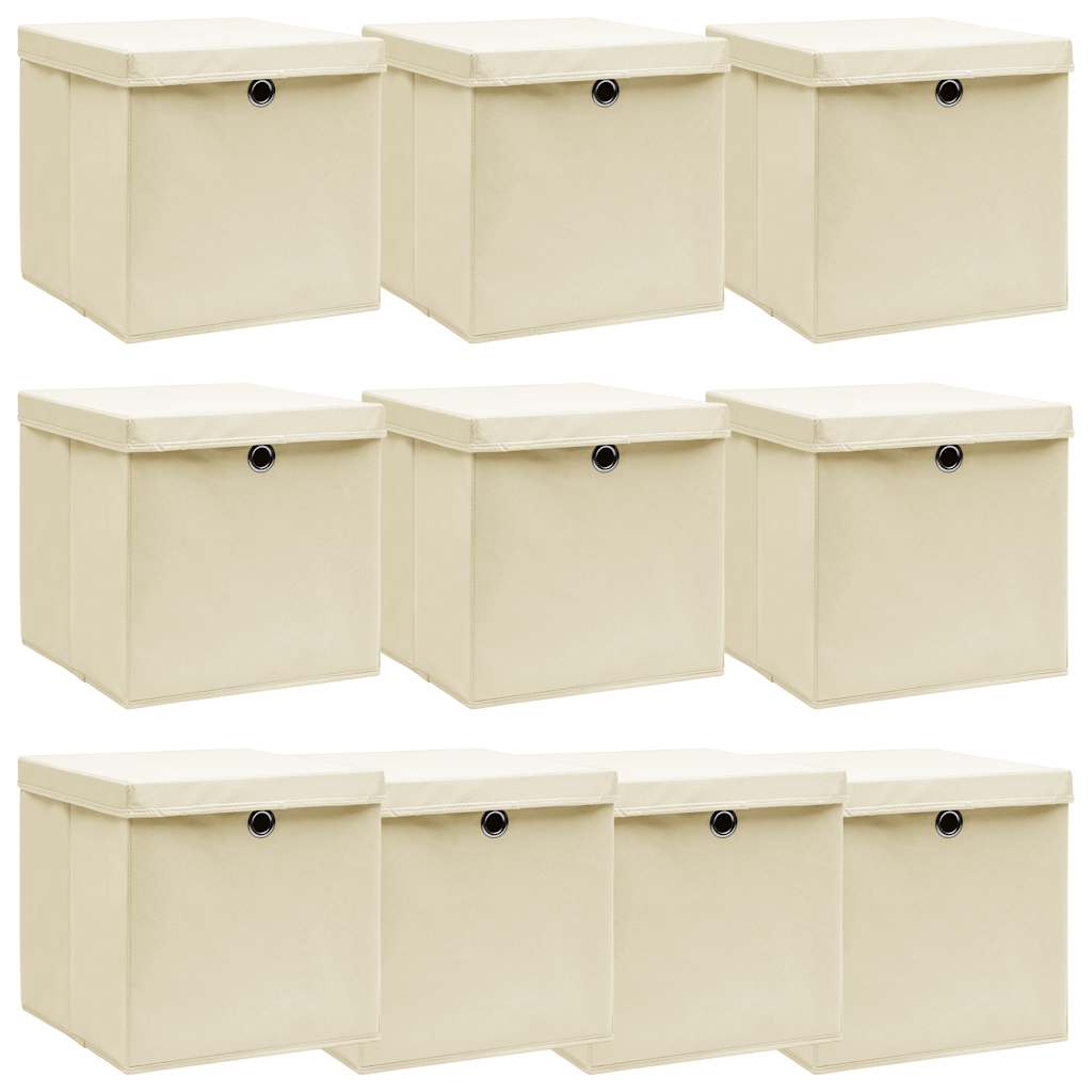 Storage Boxes with Lid 10 pcs Cream 32x32x32 cm Fabric