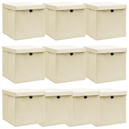 Storage Boxes with Lid 10 pcs Cream 32x32x32 cm Fabric