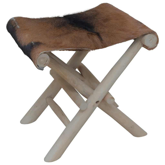 Folding Stool | Brown | Real goat leather, solid teak wood | Medium