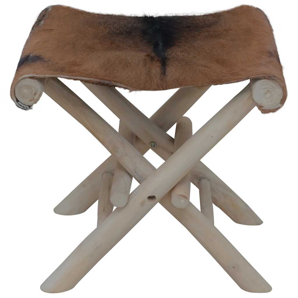 Folding Stool Goatskin Leather and Solid Teak Wood