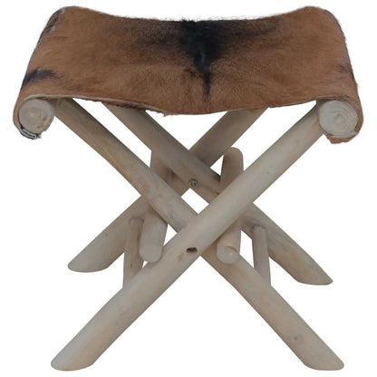 Folding Stool Goatskin Leather and Solid Teak Wood