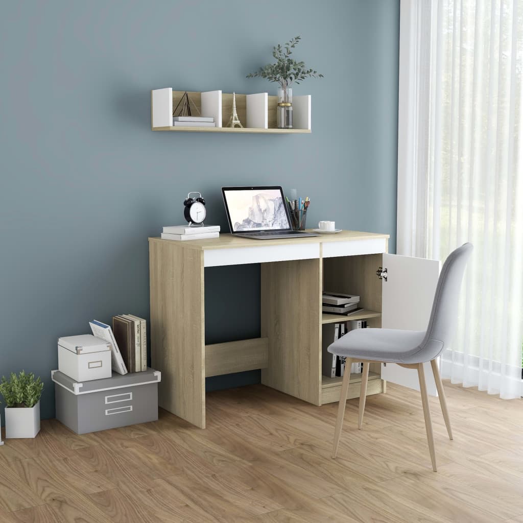 Desk White and Sonoma Oak 39.4"x19.7"x29.9" Engineered Wood