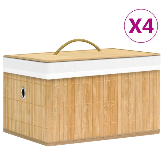 Storage Box | Set of 4 | Natural Bamboo | Bamboo, Woven Fabric