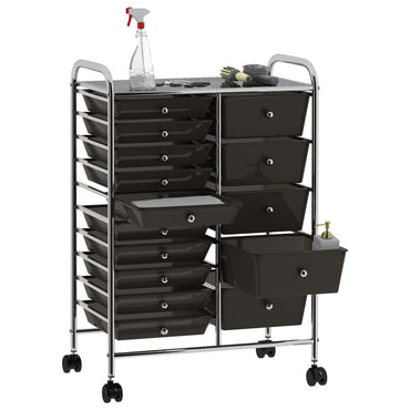 XXL 15-Drawer Mobile Storage Trolley Black Plastic