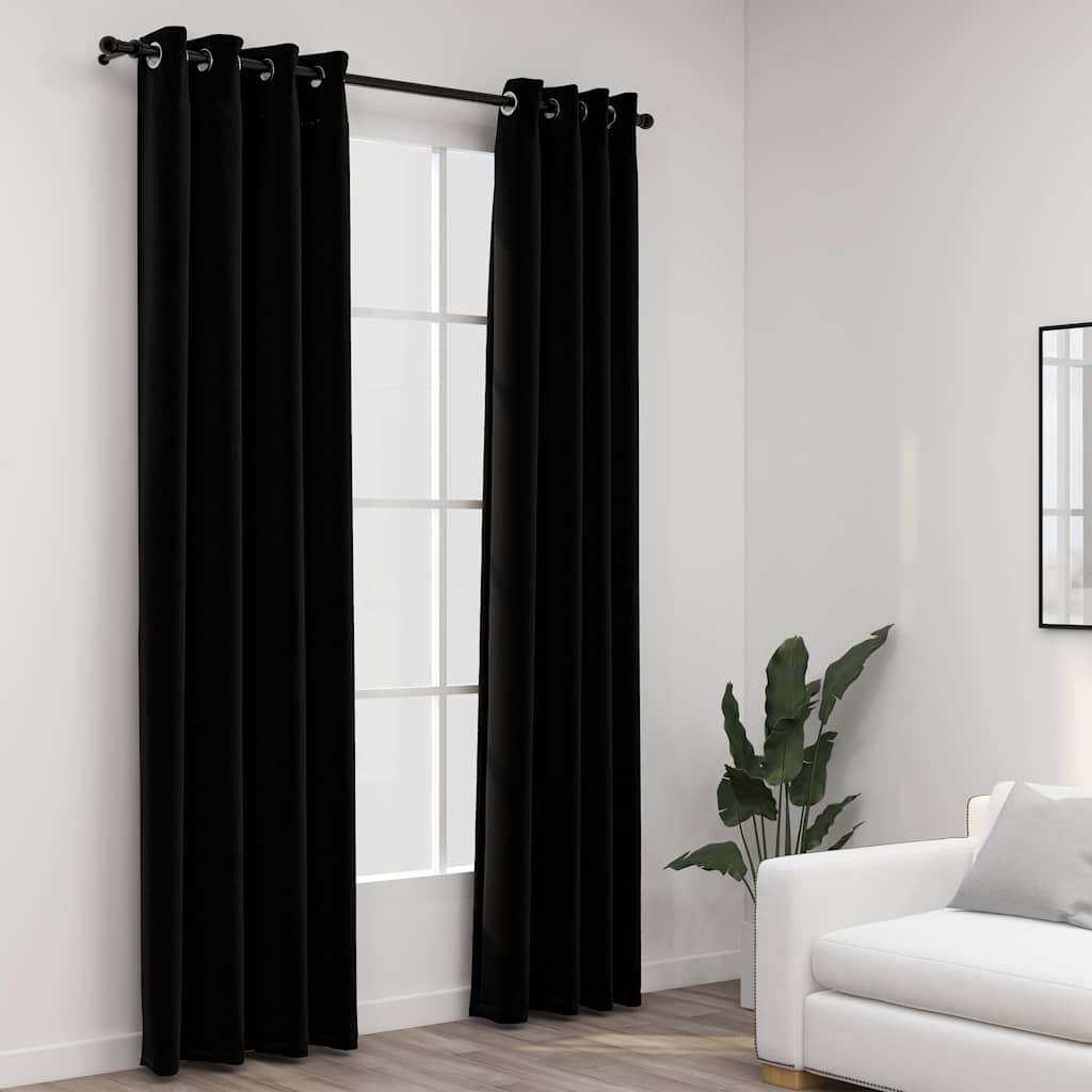 Linen-Look Blackout Curtains with Grommets 2pcs Black 140x225cm