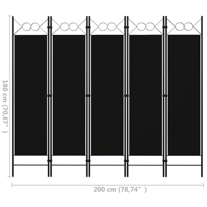 5-Panel Room Divider Black 200x180 cm