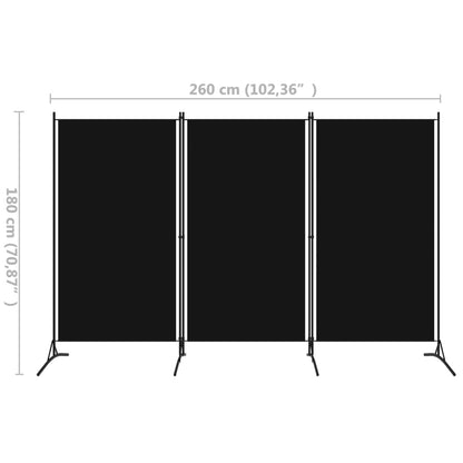 3-Panel Room Divider Black 260x180 cm