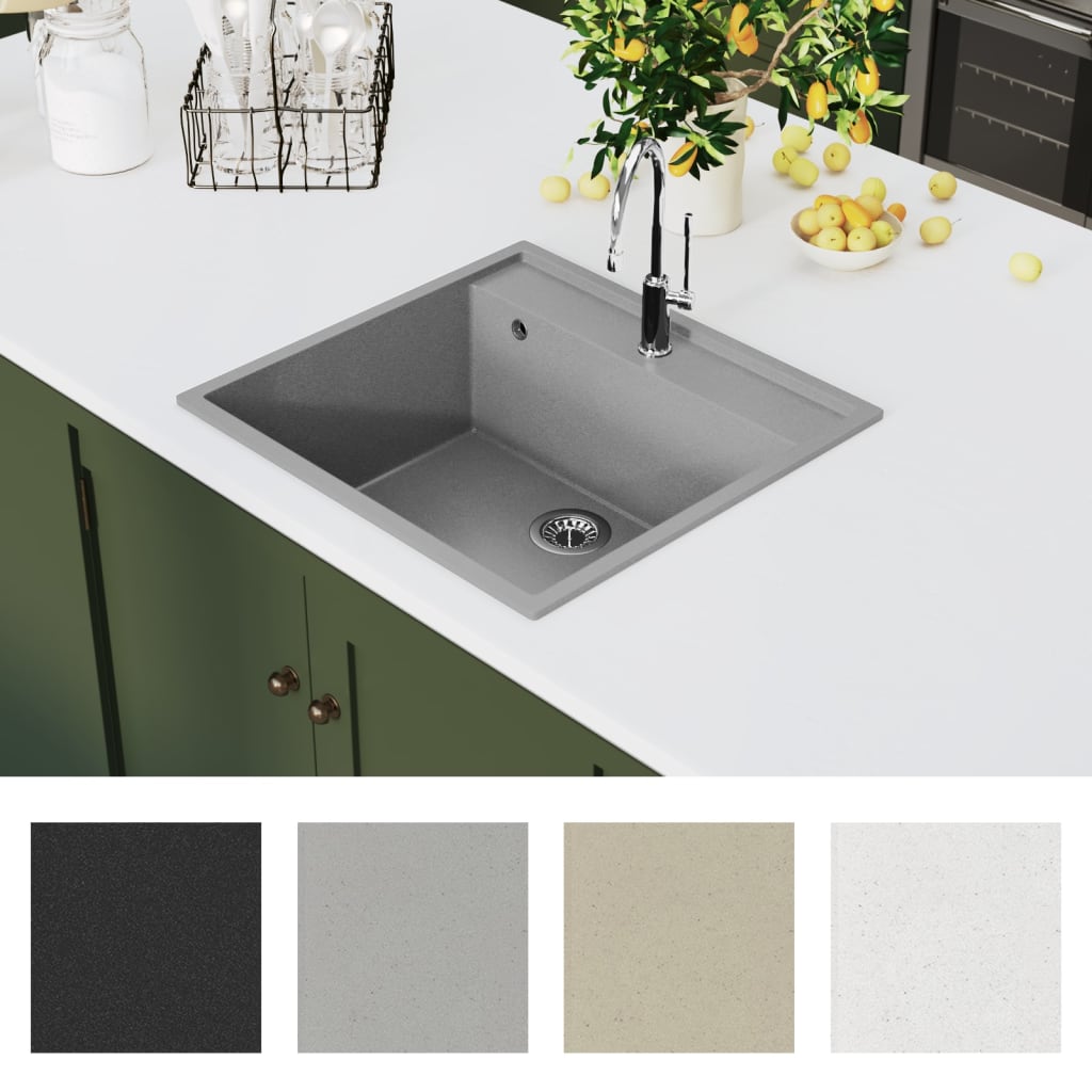 147062 vidaXL Kitchen Sink with Overflow Hole Grey Granite