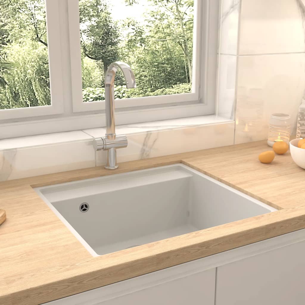 147064 vidaXL Kitchen Sink with Overflow Hole White Granite