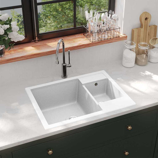 147088 vidaXL Kitchen Sink with Overflow Hole Double Basins White Granite