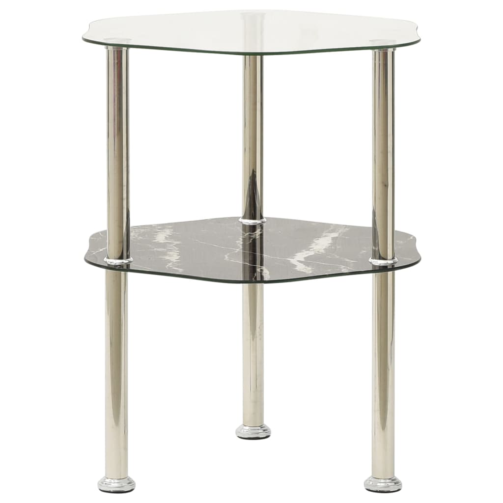 2-Tier Side Table Transparent & Black Marble 15"x15"x19.7" Tempered Glass