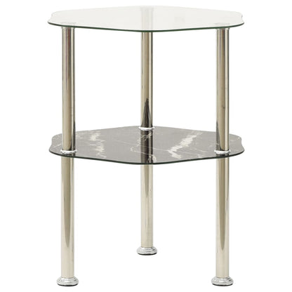 2-Tier Side Table Transparent & Black Marble 15"x15"x19.7" Tempered Glass