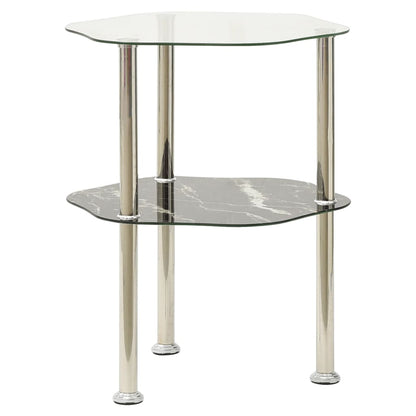 2-Tier Side Table Transparent & Black Marble 15"x15"x19.7" Tempered Glass