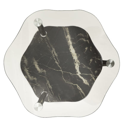 2-Tier Side Table Transparent & Black Marble 15"x15"x19.7" Tempered Glass