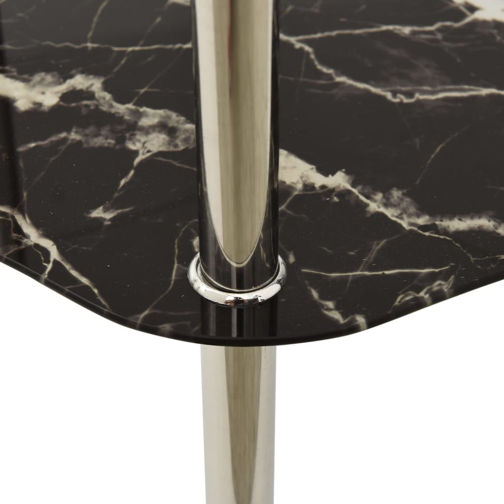 2-Tier Side Table Transparent & Black Marble 15"x15"x19.7" Tempered Glass