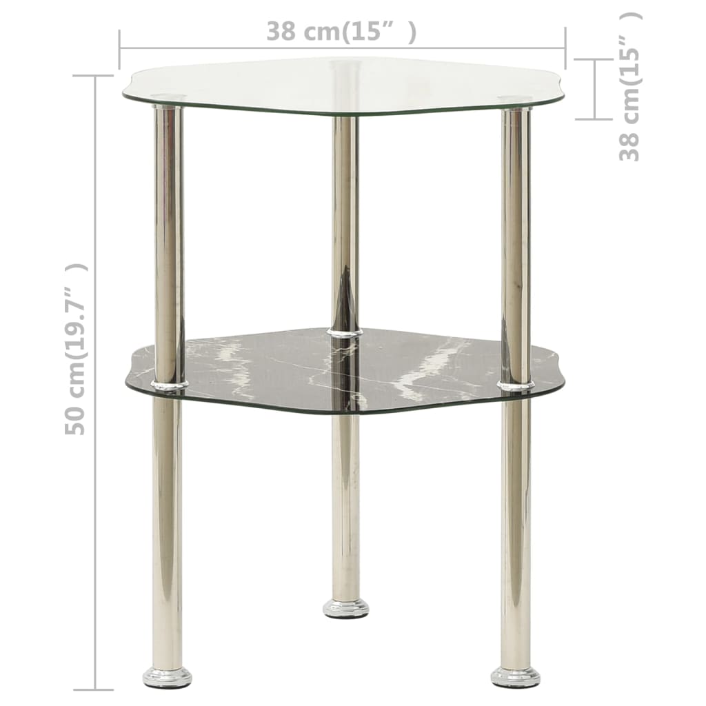 2-Tier Side Table Transparent & Black Marble 15"x15"x19.7" Tempered Glass