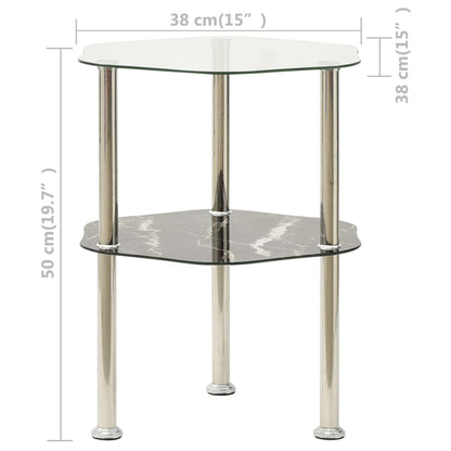 2-Tier Side Table Transparent & Black Marble 15"x15"x19.7" Tempered Glass