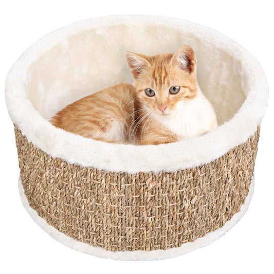 Cat Basket | Beige | Flakeboard, plush, seagrass | 36 cm diameter
